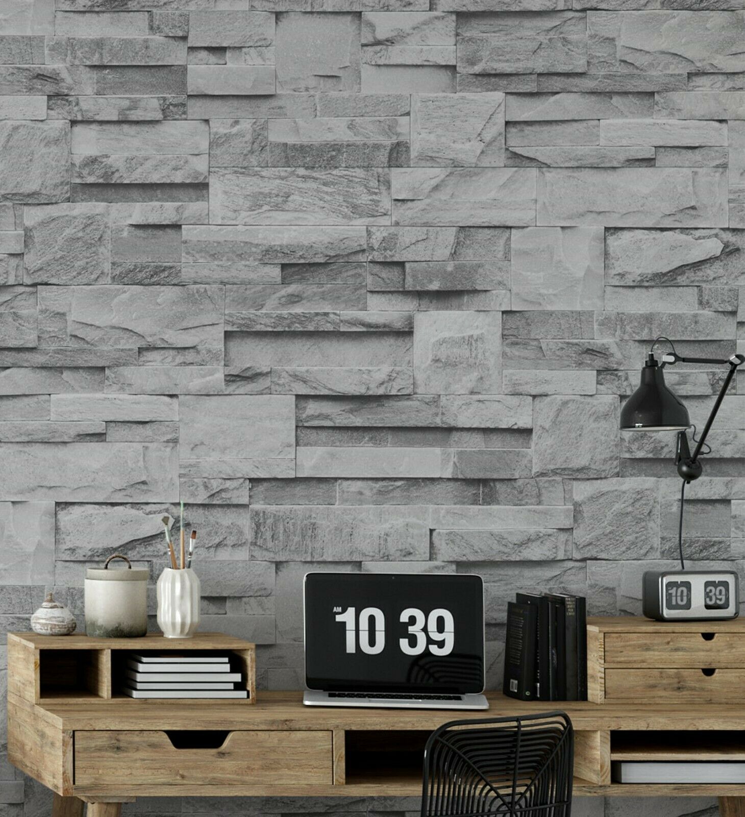 Slate Grey Realistic Stone Brick Wall Effect Textured Wallpaper Wall Faux –  Wallpaper Decor