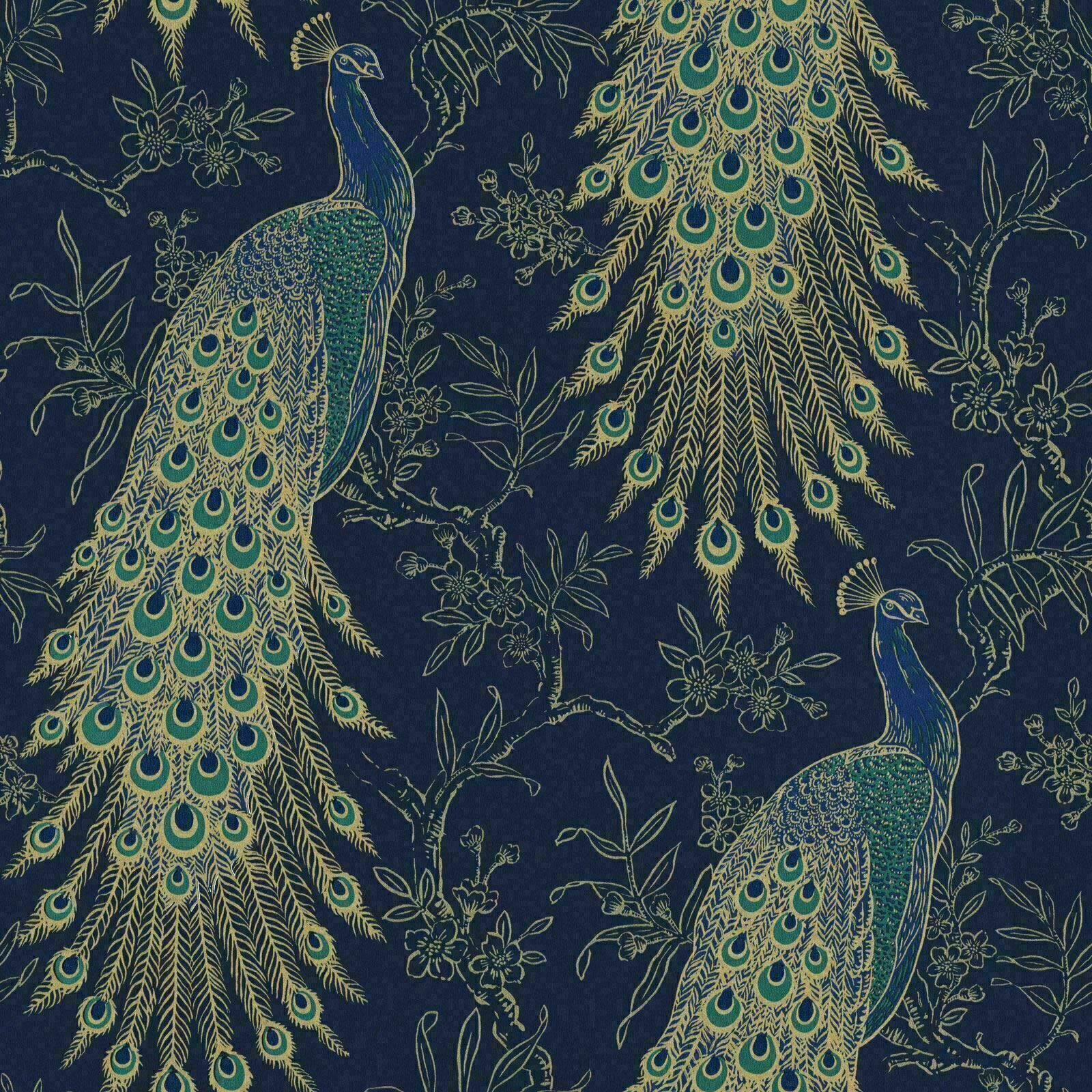 Rasch Portfolio Peacock Feathers Bird Feature Navy Blue Metallic Gold  Wallpaper – Wallpaper Decor