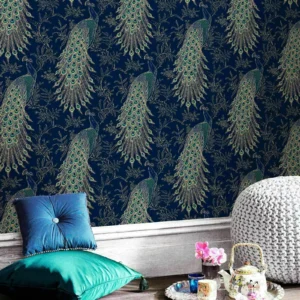 Rasch Peacock Bird Wallpaper Navy Blue