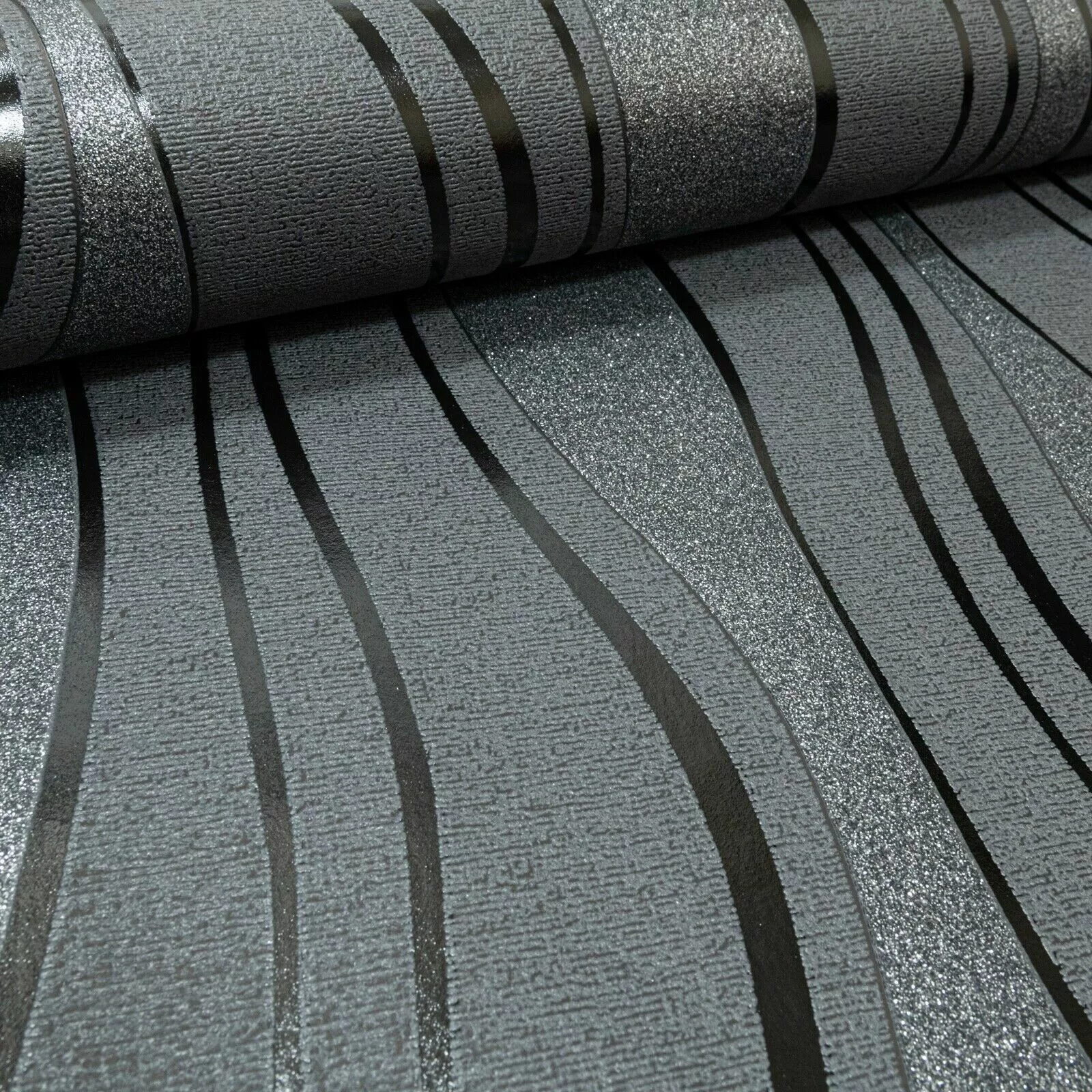 Wave Stripe Glitter Metallic Wallpaper in Grey - Image 3