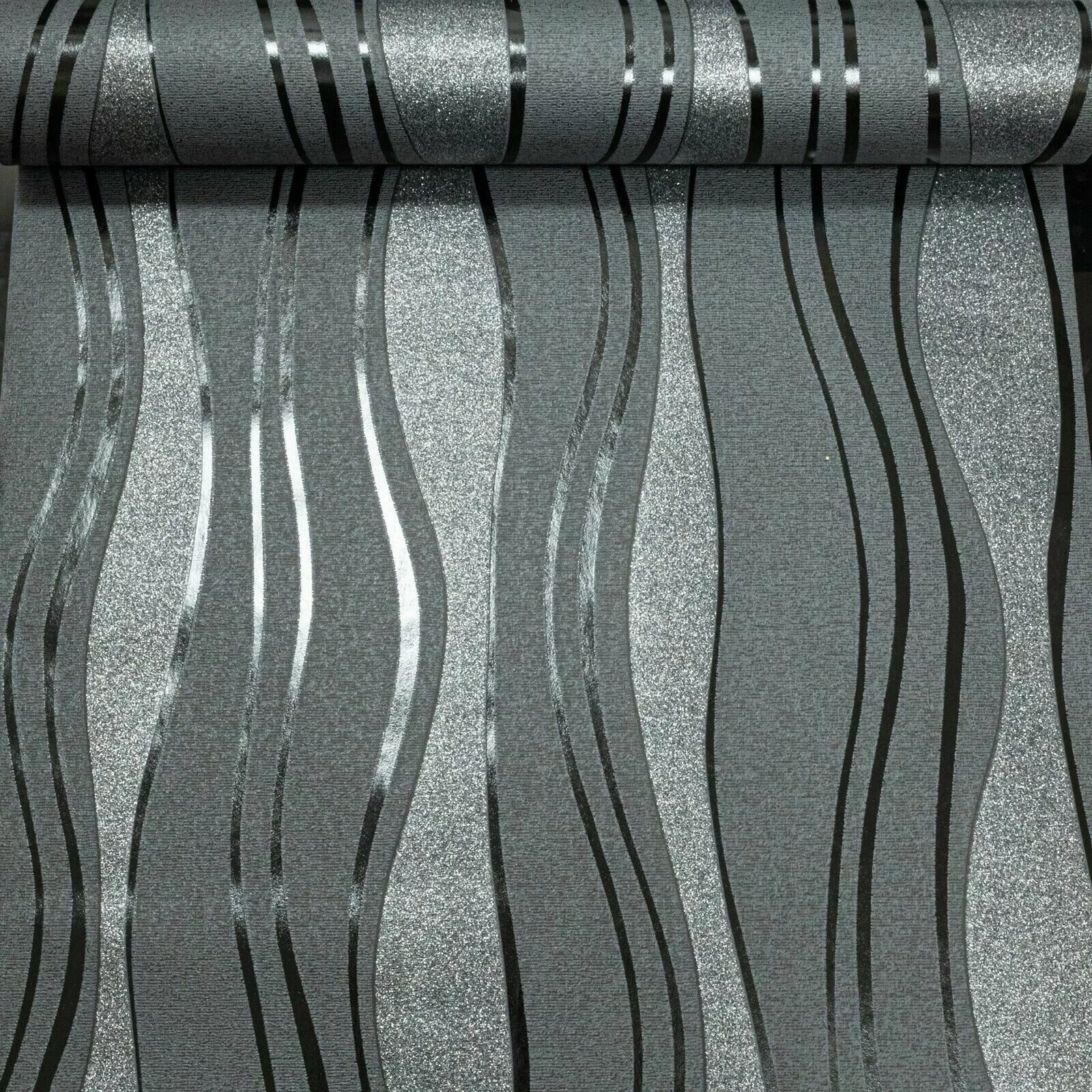 Wave Stripe Glitter Metallic Wallpaper in Grey - Image 5