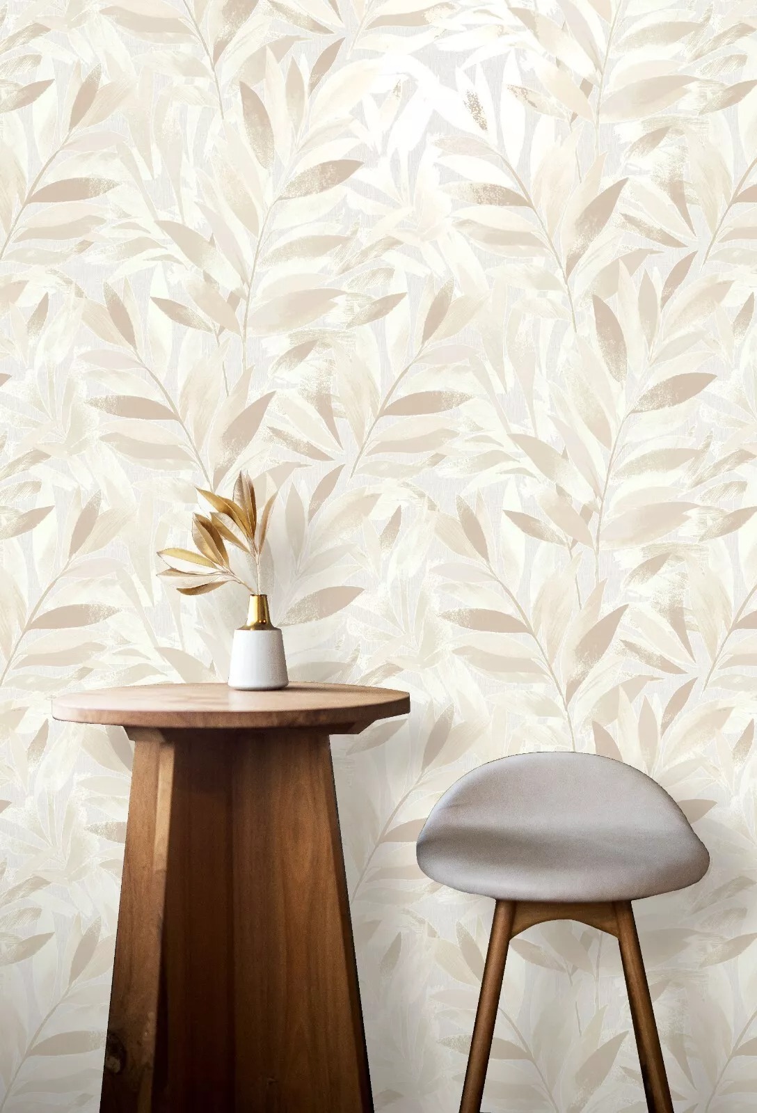 Beige Metallic Leaf Wallpaper White Gold - Image 3