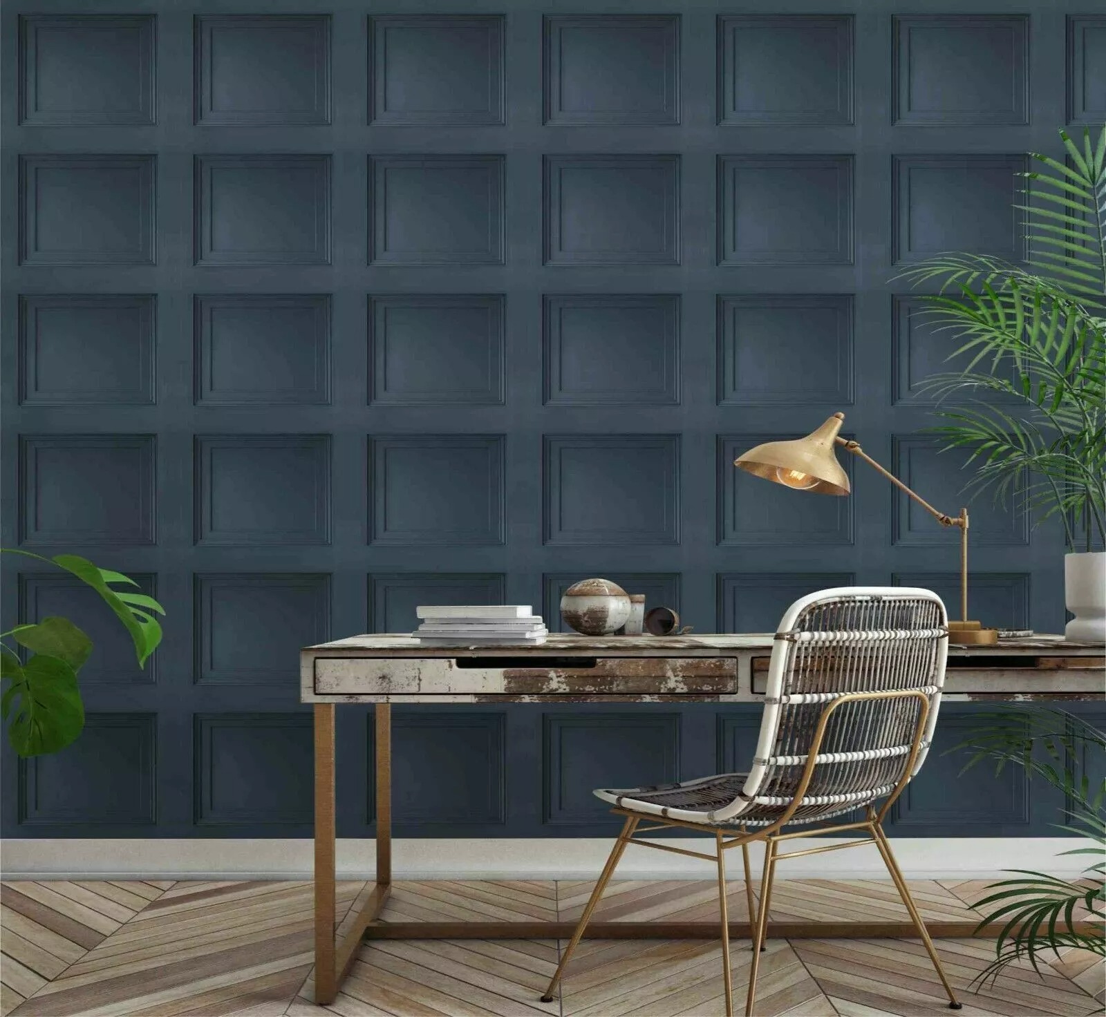 Navy Blue Realistic 3D Effect Wooden Panel Wallpaper - Image 3