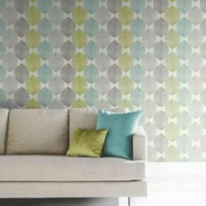 Retro Leaf Teal Lime Green Taupe Feature Wallpaper