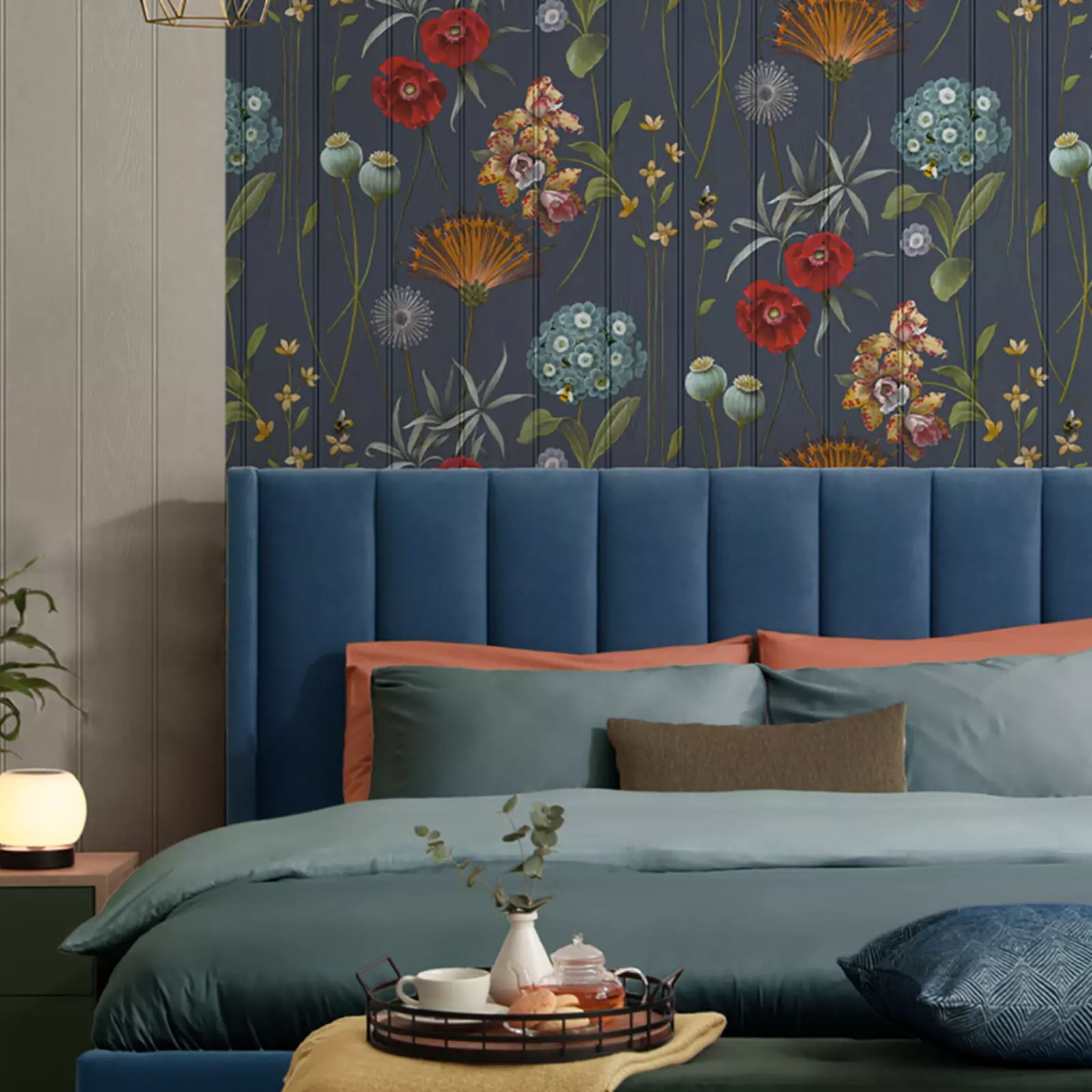 Navy Blue Floral Beaded Wood Panel Effect - Image 4