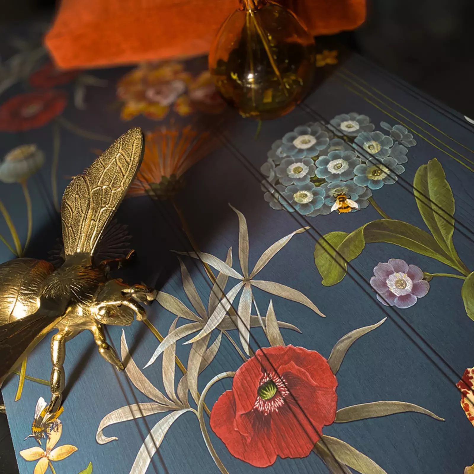 Navy Blue Floral Beaded Wood Panel Effect - Image 3
