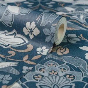 Arthouse Traditional Folk Floral Trail Denim Blue Birds Flowers Leaves Wallpaper