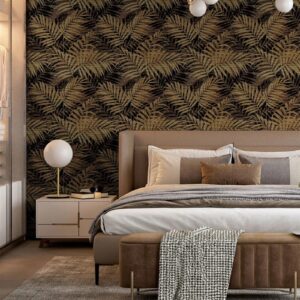 Tropical Leaf In Metallic Gold & Chocolate Wallpaper