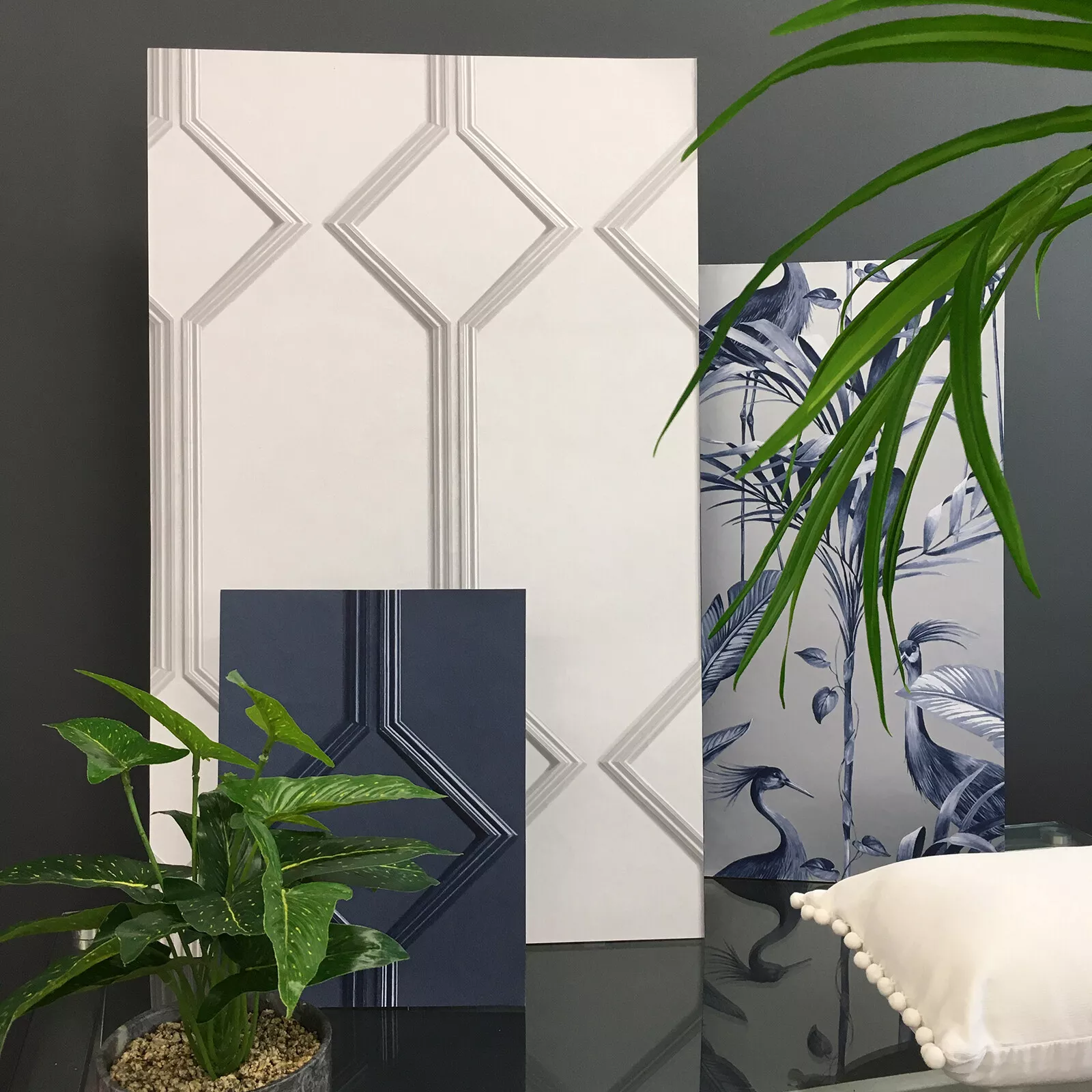 Navy Blue Silver Metallic Floral Wallpaper - Image 3