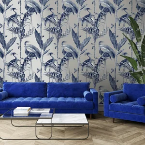 Navy Blue Silver Metallic Floral Wallpaper