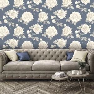 Navy Blue Cream Floral Wallpaper