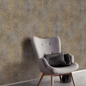 Charcoal Grey Taupe Gold Distressed Concrete Effect Textured Gold Metallic Shimmer Vinyl Wallpaper