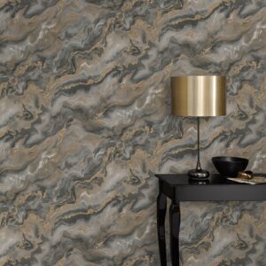 Erismanns Charcoal Taupe Brown Textured Marble Effect Gold Shimmer Vinyl Wallpaper