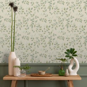 Neutral & Green Floral Leaf Grandeco's Forget Me Not Wallpaper