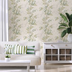 Bridget Floral Cream Sage Green Oriental Feature Wallpaper