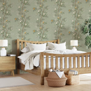 Bridget Floral Sage Green Oriental Feature Wallpaper