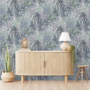 Paradise Blue Purple Floral Green Leaf Pattern Smooth Finish Feature Wallpaper