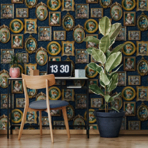 Navy Blue Regal Beasts Floral Leaf Victorian Animal Portraits Wallpaper