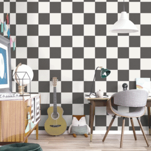 Charcoal & White Check Smooth Flat Finish Wallpaper