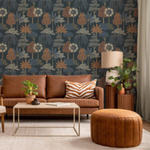 Belgravias Akiko Blue Botanical Forest Trees Leaves Floral Metallic Shimmer Wallpaper