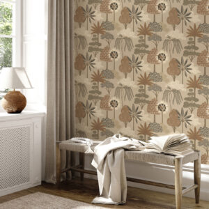 Belgravias Akiko Beige Botanical Forest Trees Leaves Floral Metallic Shimmer Wallpaper
