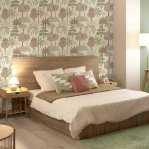 Belgravias Akiko Beige Pink Botanical Forest Green Trees Leaves Floral Metallic Shimmer Wallpaper
