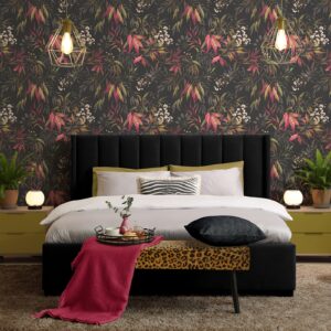 Belgravias Charcoal Botanical Pink Willow Leaf Wallpaper