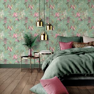Belgravias Sage Green Botanical Pink Willow Leaf Wallpaper