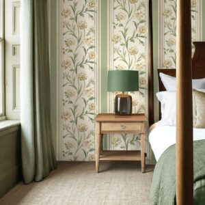Belgravias Raya Sage Green Panel Effect Cream Floral Smooth Wallpaper