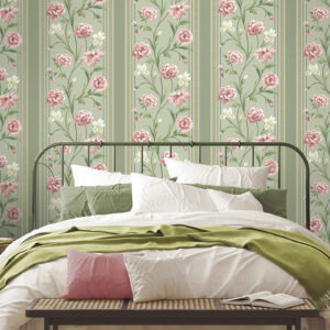 Belgravias Raya Sage Green Panel Effect Pink Floral Smooth Wallpaper