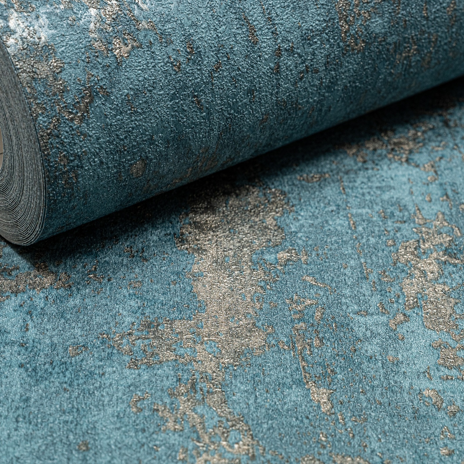 Blue Concrete Industrial Effect Wallpaper Gold Metallic Shimmer Vinyl - Image 5
