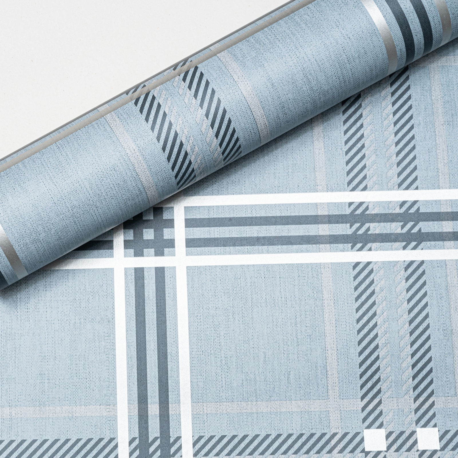 Blue Grey Tones Tartan Check Wallpaper Metallic Shimmer Feature Wall - Image 4