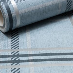 Blue Grey Tones Tartan Check Wallpaper Metallic Shimmer Feature Wall