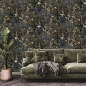 Jungle Paradise Navy Wallpaper Exotic Birds Wildflowers Feature Wall