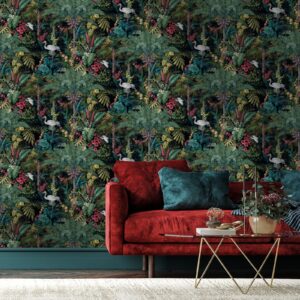 Jungle Paradise Black Wallpaper Exotic Birds Vibrant Greenery Wildflowers Feature Wall