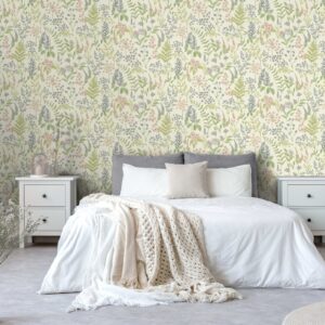 Cream Floral Sprig Wallpaper Green Blue Pink Wildflowers