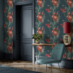 Teal Floral Wallpaper Botanical Foliage Smooth Finish Feature Wall