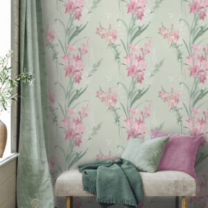 Sage Green Floral Wallpaper Pink Botanitcal Motifs Smooth Finish Feature Wall