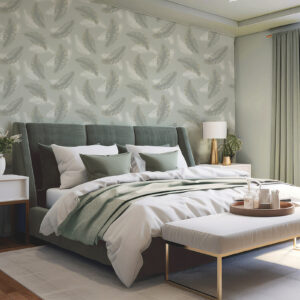 Sage Green Feather Wallpaper Smooth Metallic Shimmer Feature Wall