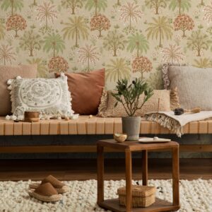 Coral & Beige Tropical Tree Wallpaper