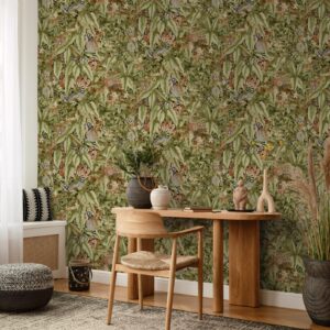 Rust Green Lemur Tropical Leaves Wallpaper Textured Feature Wall