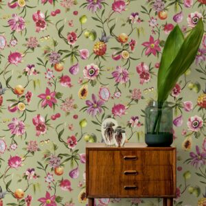 Sage Green Exotic Fruits Floral Wallpaper