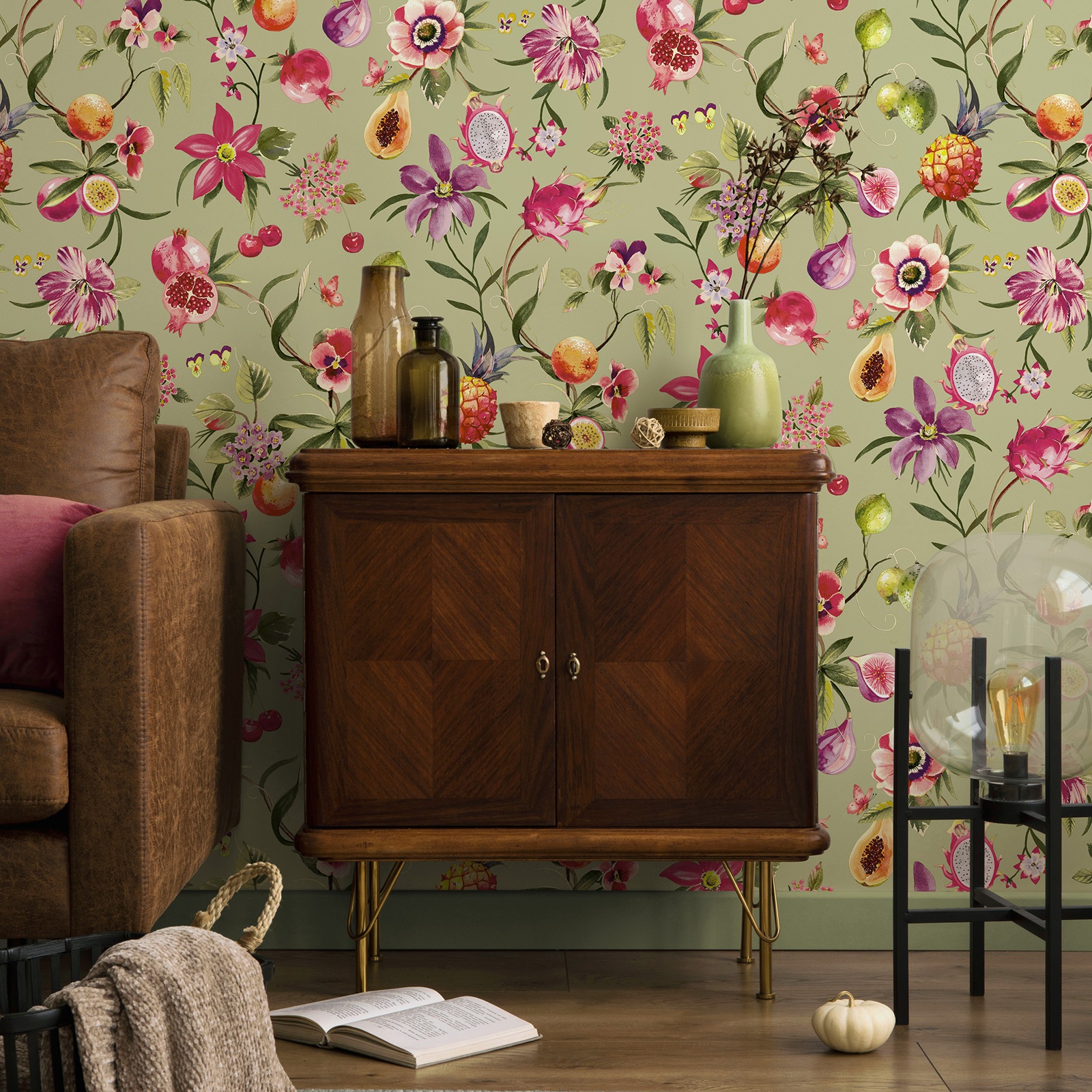 Sage Green Exotic Fruits Floral Wallpaper - Image 3
