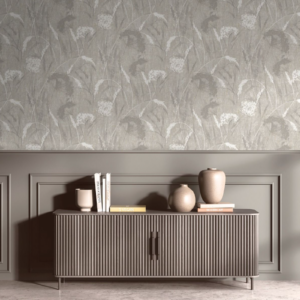 Grey Tones Floral Wallpaper Textured Dandelions Gold Metallic Shimmer