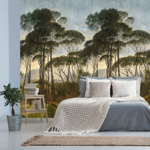 Woodland Landscape Mural Wallpaper Green Yellow Tones Feature Wall