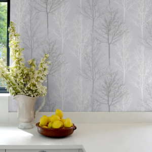 Grey Floral Tree Wallpaper Silver Metallic Shimmer Slightly Textured Feature Wall