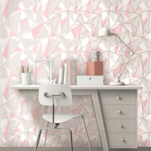 Pink Grey Geometric Wallpaper Retro White Metallic Shimmer Feature Wall