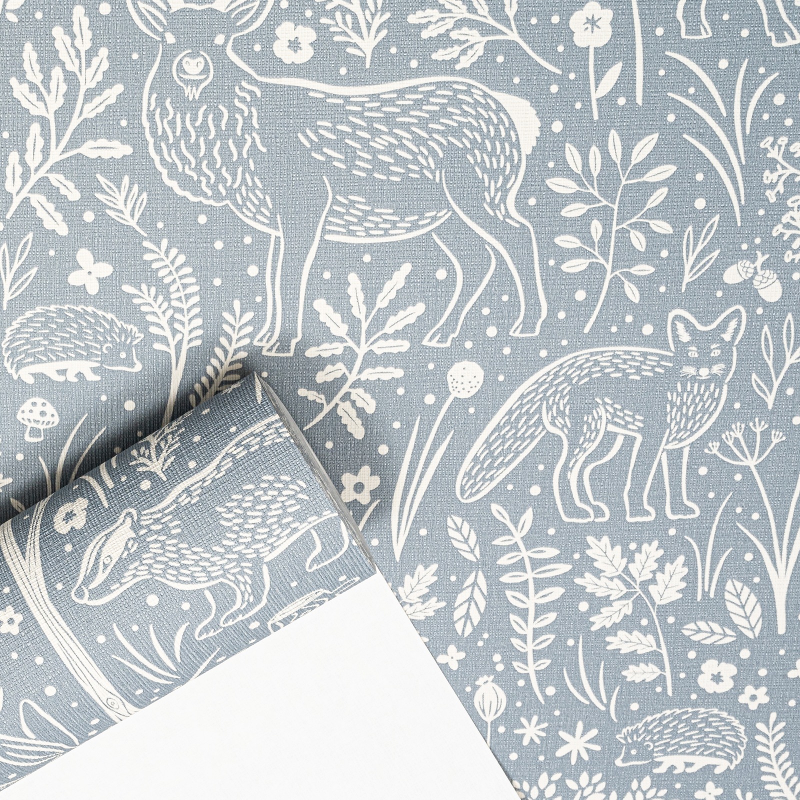 Blue Floral Wallpaper Rabbits Deer Textured Slightly Imerfect Vinyl - Image 7