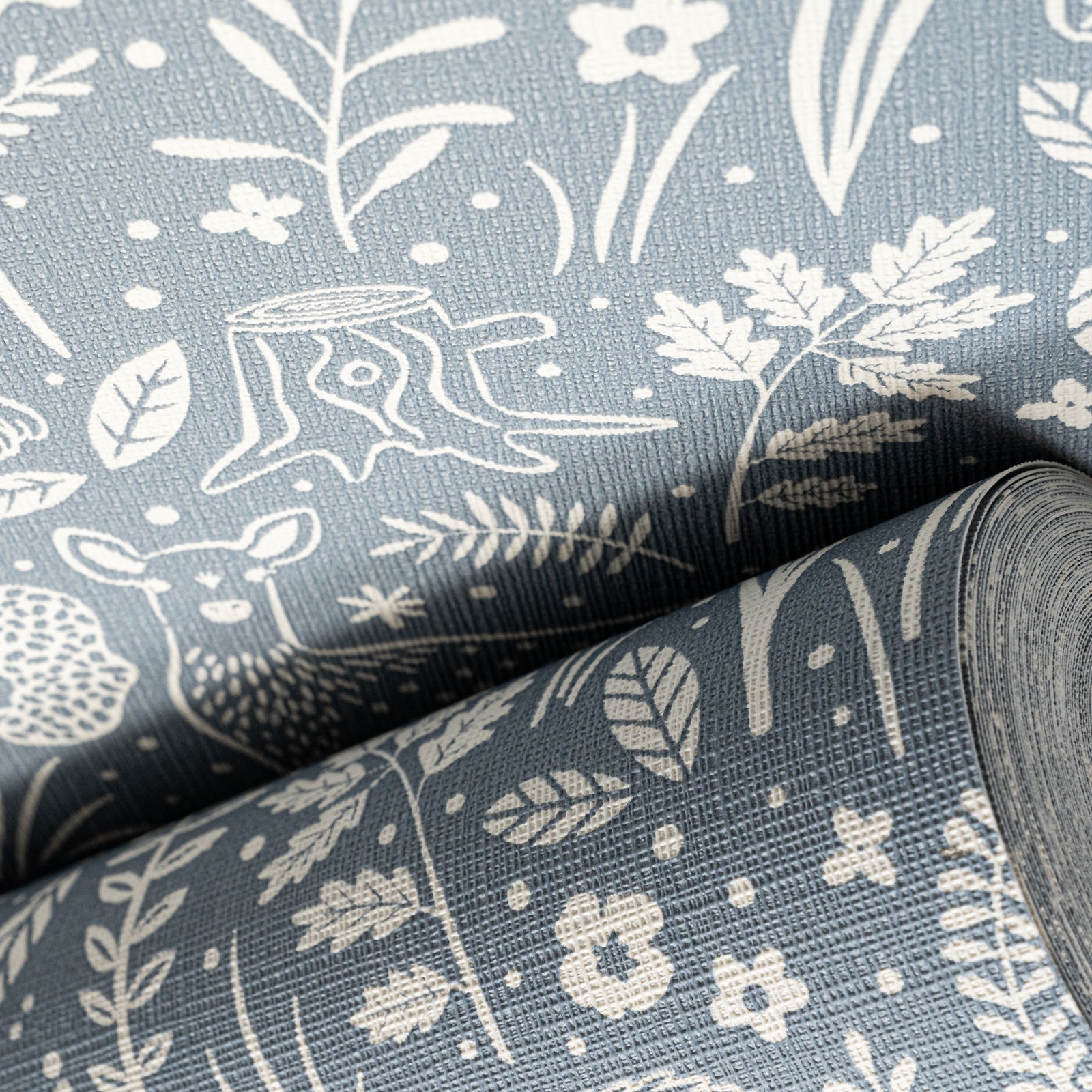 Blue Floral Wallpaper Rabbits Deer Textured Slightly Imerfect Vinyl - Image 3