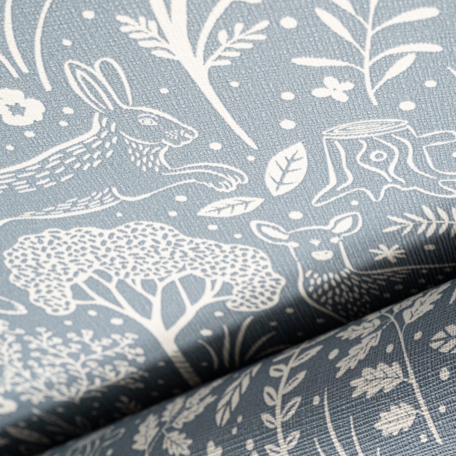 Blue Floral Wallpaper Rabbits Deer Textured Slightly Imerfect Vinyl - Image 2